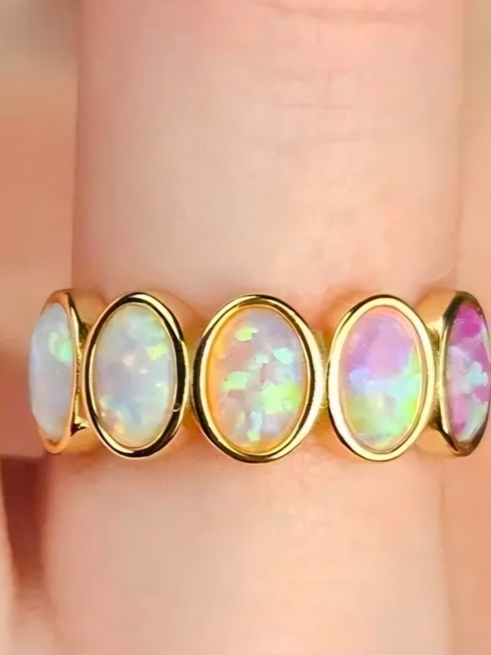 Gold Ring with Oval Opal Inlays - Iridescent Pink-Blue Stones, Ombre Opal Ring